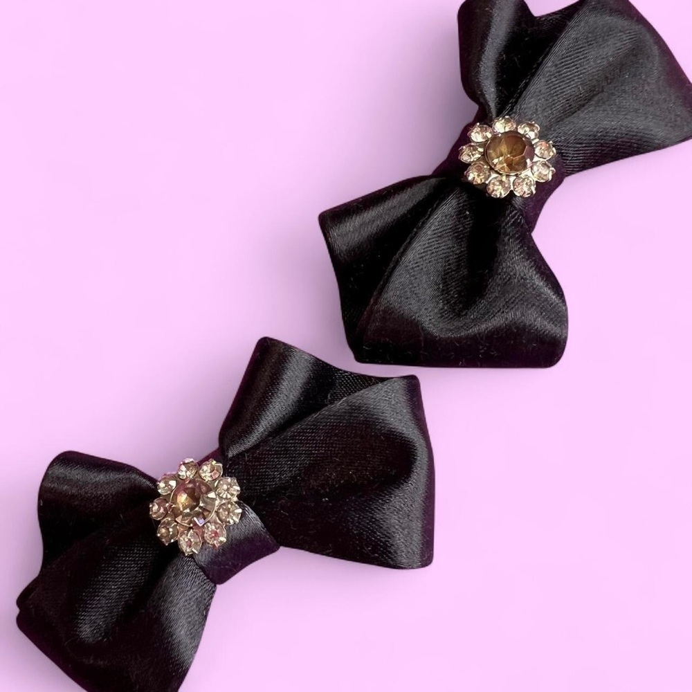 Vintage 70s Matching Black satin bow clips with rhinestone